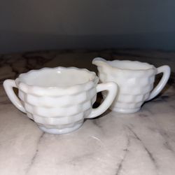 VINTAGE MILK GLASS SET Sugar Bowl Creamer Pitcher 5x3" lot Jeanette Cubist
