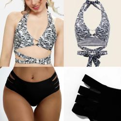 NWT Skull Print Bikini Top, Halter Neck w Heart-Link and black cut side bottoms