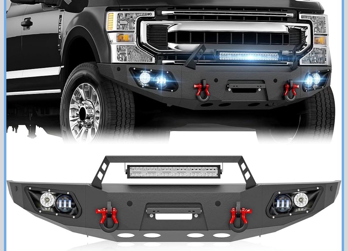 for F250 F350 F450 Front Bumper Compatible with 2017-2022 4th Gen Ford F250 F350 F450 Super Duty with Winch Plate, 5 x LED Lights & D-rings, License P