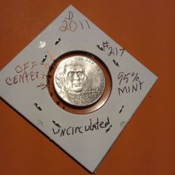 Thomas Jefferson 5 Cents, (2011)”d" №217. Off Center. 95% Mint Condition Uncirculated.