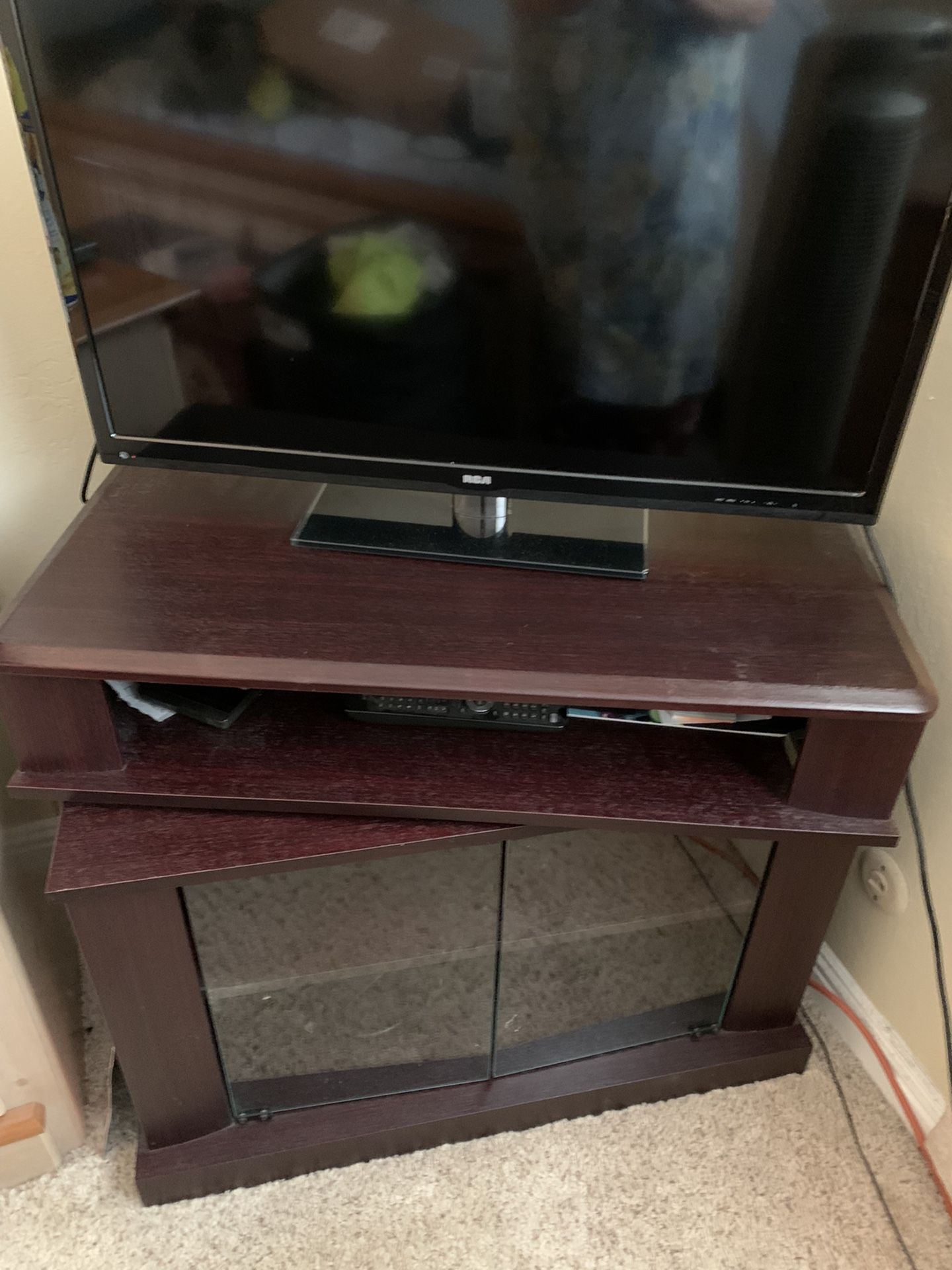 Swivel Top Tv Stand Dark Brown With 2 Glass Doors And Shelves For Storage