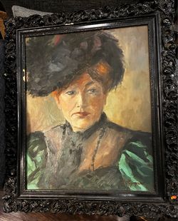 Antique Russian oil Lady with an ostrich feather hahat