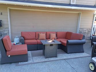 Costco Sunvilla outdoor furniture with fire pit and sunbrella cushions