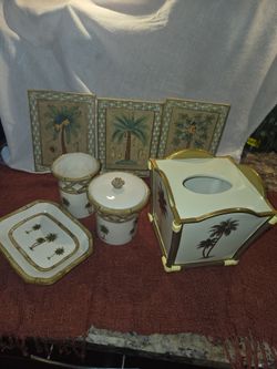 VTG Wamsutta Tropical Palm Tree Bathroom Decor Set - 7 Pieces Complete
