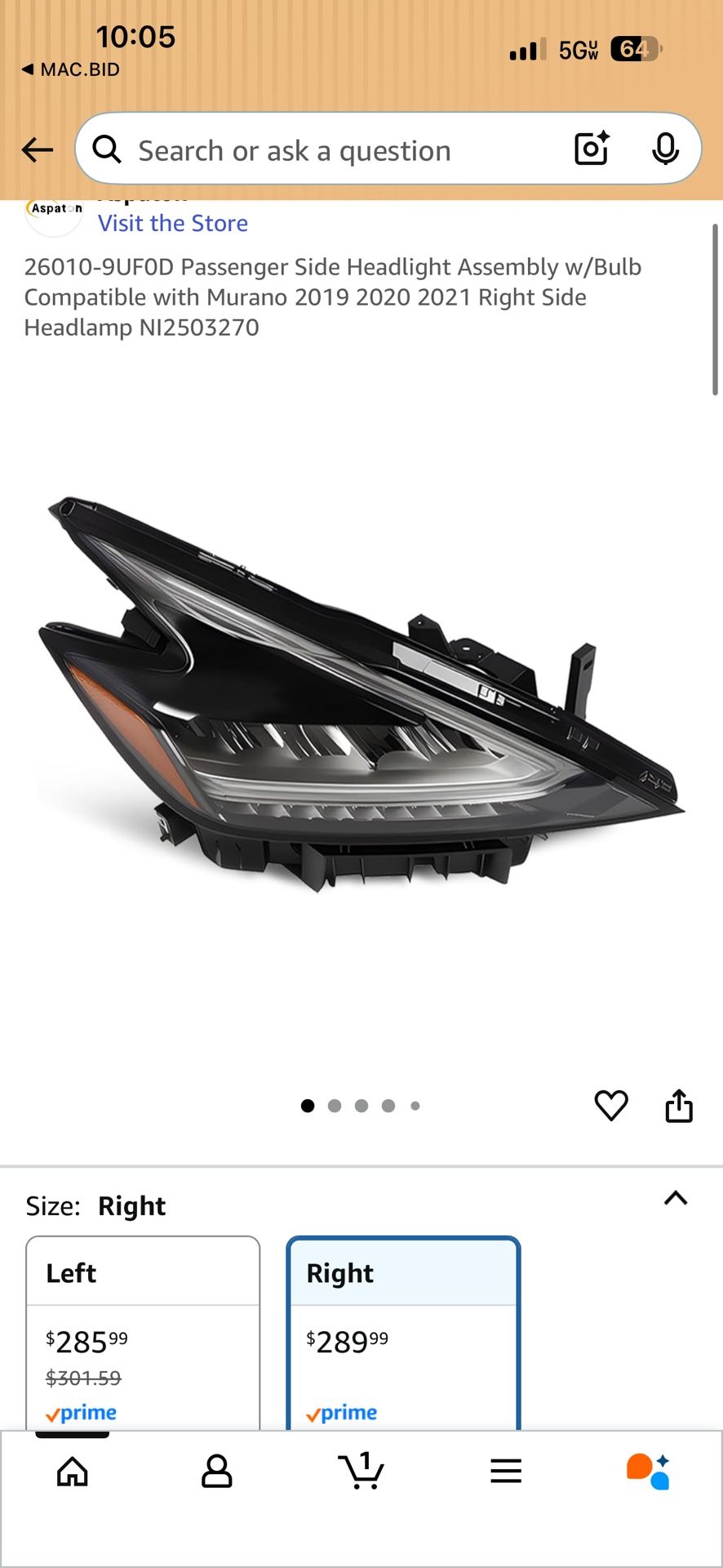 2019-2021 Nissan Murano Passenger Side Headlight