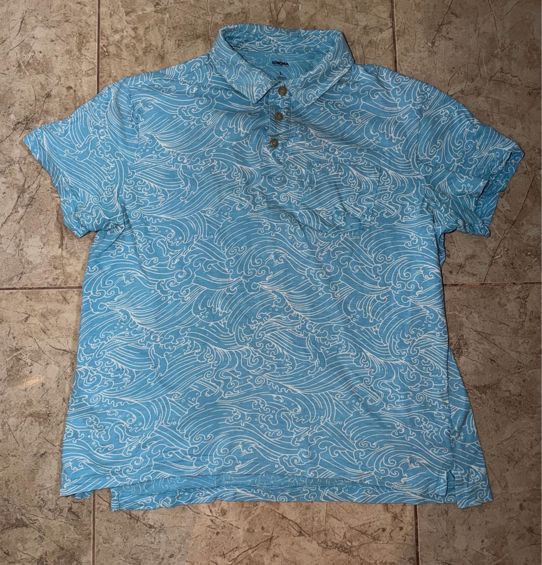 Sonoma Goods For Life Men's Large Blue Wave Print Short Sleeve Polo Shirt