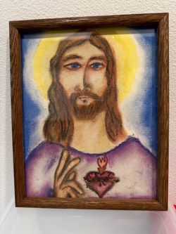 Vintage 1985 Hand-Drawn Sacred Heart of Jesus Chalk Art – Framed 8x10