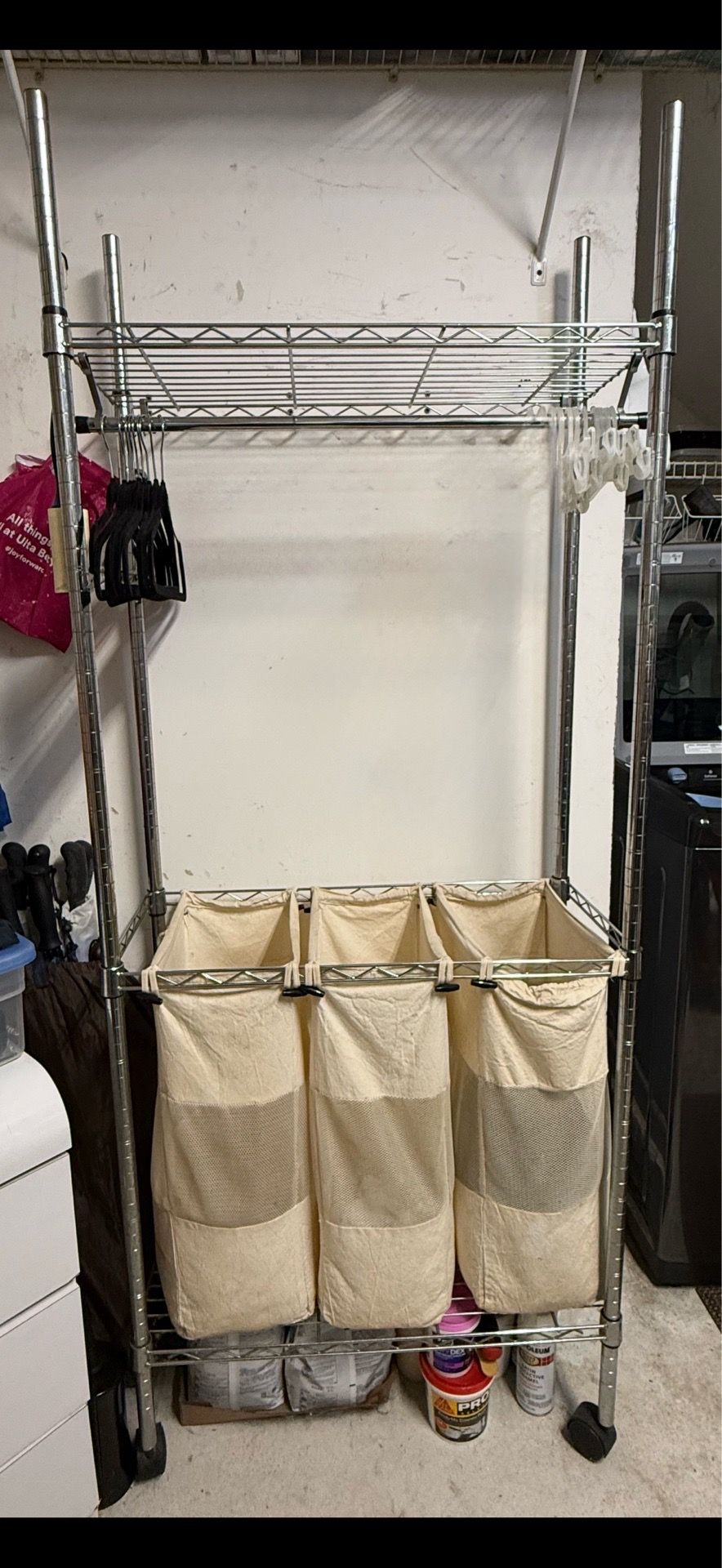 MOVING SALE! Whitmor Steel Supreme Laundry Hamper with Adjustable Shelves, hanger bar, & 3 washable laundry bags