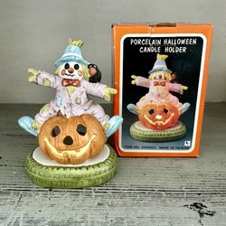 Vintage Halloween Scarecrow /Jack o lantern/Pumpkin Porcelain Tealight Candle holder. Unused In original box with original tea light candle. 5 1/2” t
