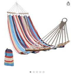 2 Person Double Hammock Swing w/Portable Carrying Bag-Folding Curved/Bar Bamboo Design-Outdoor & Indoor for Patio/Porch/Garden-Rainbow OR Blue Stripe  Thumbnail
