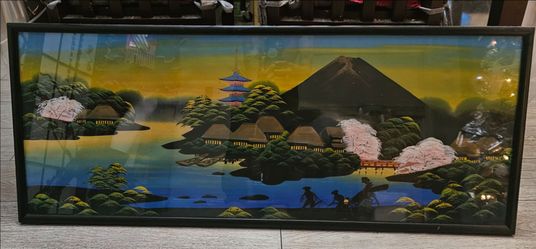 Vintage framed Japanese landscape painting on silk.