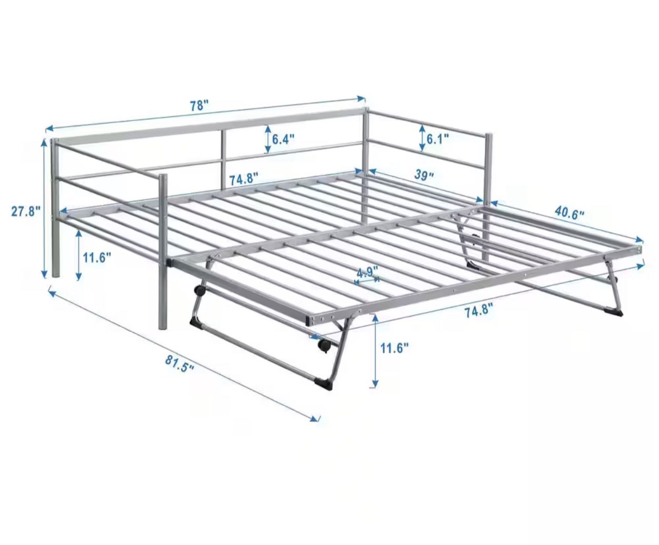 Silver Metal Twin Size Daybed with Adjustable Pop Up Trundle
