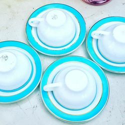 MCM Pyrex turquoise band gold rimmed tea cups and saucers