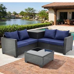 Wicker Outdoor Sectional Set with Dark Blue Cushions Outdoor Furniture with Sortage Box (4 Set) 