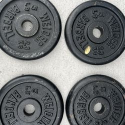  Lot of 4 WEIDER 5 lb Barbell Weights Plates Standard 1" Hole 20 lbs Total . Used in good condition with some cosmetic blemishes such as scratches and