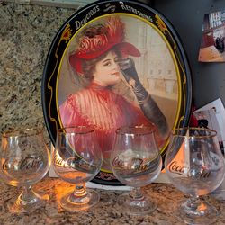 Vintage Metal Tray/Wall Hanging Decor, Barware 1987 Coca Cola 1908 Calendar Lady Metal Tray, picture wall art with 4 gold rimmed coke glasses, goblets
