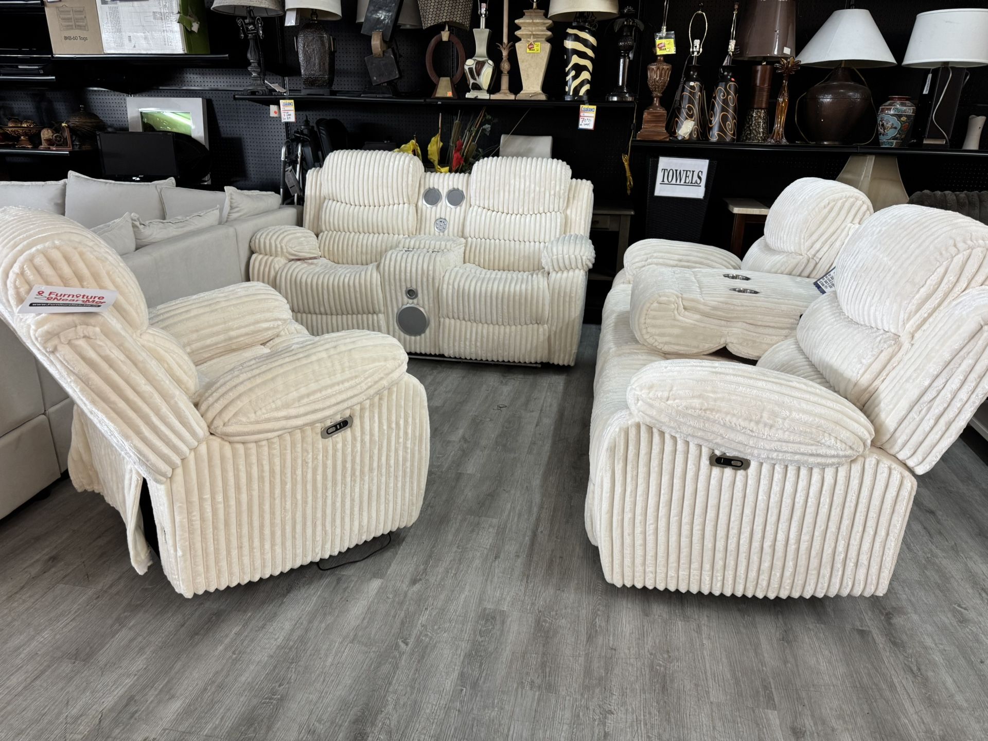 Cream Corduroy Power Reclining Sofa Loveseat And Chair 