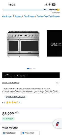 Thor Kitchen 48-in 8 burners 4.8-cu ft / 2.8-cu ft Convection Oven Double oven gas range Double Oven Gas Range ( Stainless Steel )