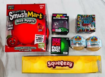 Set of 7 Squishies Needoh Nice Cube Glitter & Glow Fuzz Ball + More