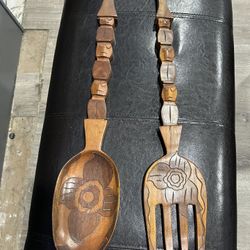 Carved Wood Spoon & Fork Wall Decor Art 