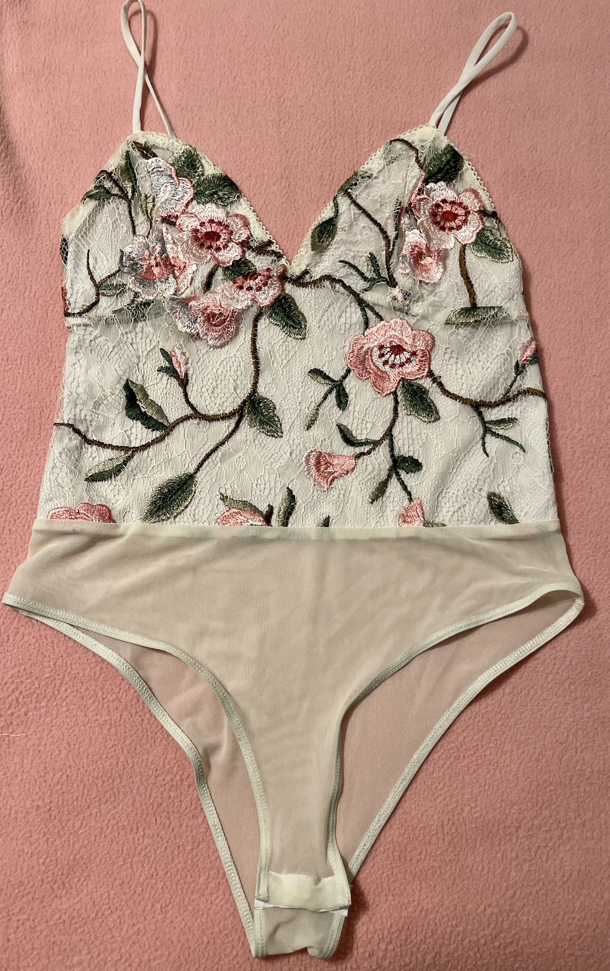 White lace bodysuit w/ pink flowers