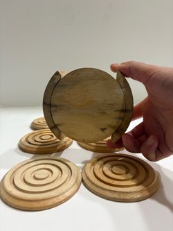 Vintage Mid Century Modern Wooden Coaster Set of 6 with Round Caddy Holder