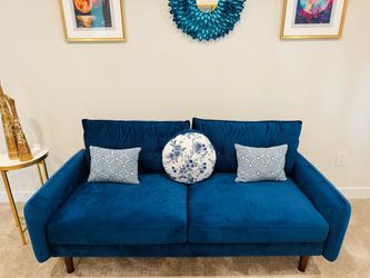 Blue Velvet Mid-Century Modern Sofa 2 seater with 1 round cushion