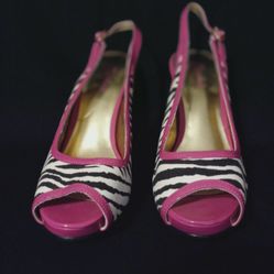 Candies Zebra Stripes Peep Toe Platform Heels W Pink Adjustable Strap Size 9.5