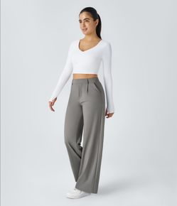 DAY STRETCH HIGH WAISTED POCKET STRAIGHT LEG WORK PANTS