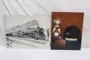 2 Paintings Kachina Doll & Railroad Train On Tracks