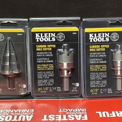 KLEIN TOOLS  2 STEPS BIT#11 And #14 And 2 CARBIDE -TIPPED  HOLE  CUTTER #31876 And #31875  All 4 For $75