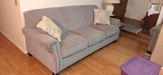 Gray Fabric 3-Seat Sofa with Nailhead Trim