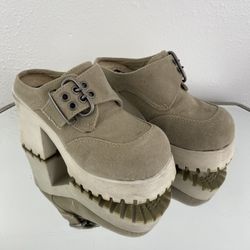 L.E.I. Vintage Y2K Tan Beige Fabric Chunky Platform Buckle Heeled Mule Shoes