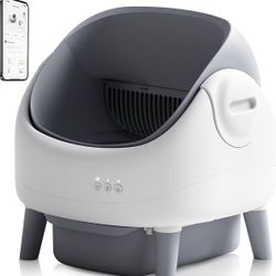 Open-Top Self Cleaning Litter Box, Automatic Cat Litter Box with APP Control, Dual Safety Sensors, Includes Trash Bags, Grey-White
