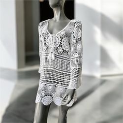 SHEIN Hollow Out Crochet Cover Up Dress White Medium Size Long Sleeves 