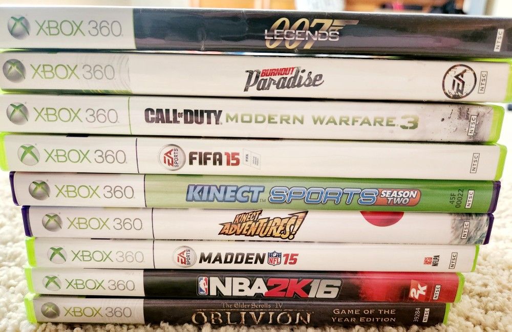 XBox 360 games Burnout Paradise, Kinect Sports, Madden 15, Oblivion Elder Scrolls