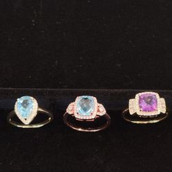 3 Amazing Rings, Topaz, Amethyst, .925 Silver