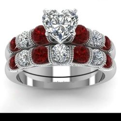 Classic Ruby Red Heart Shape 14K White Gold Plated Cubic Zirconia Women's Ring Size 9