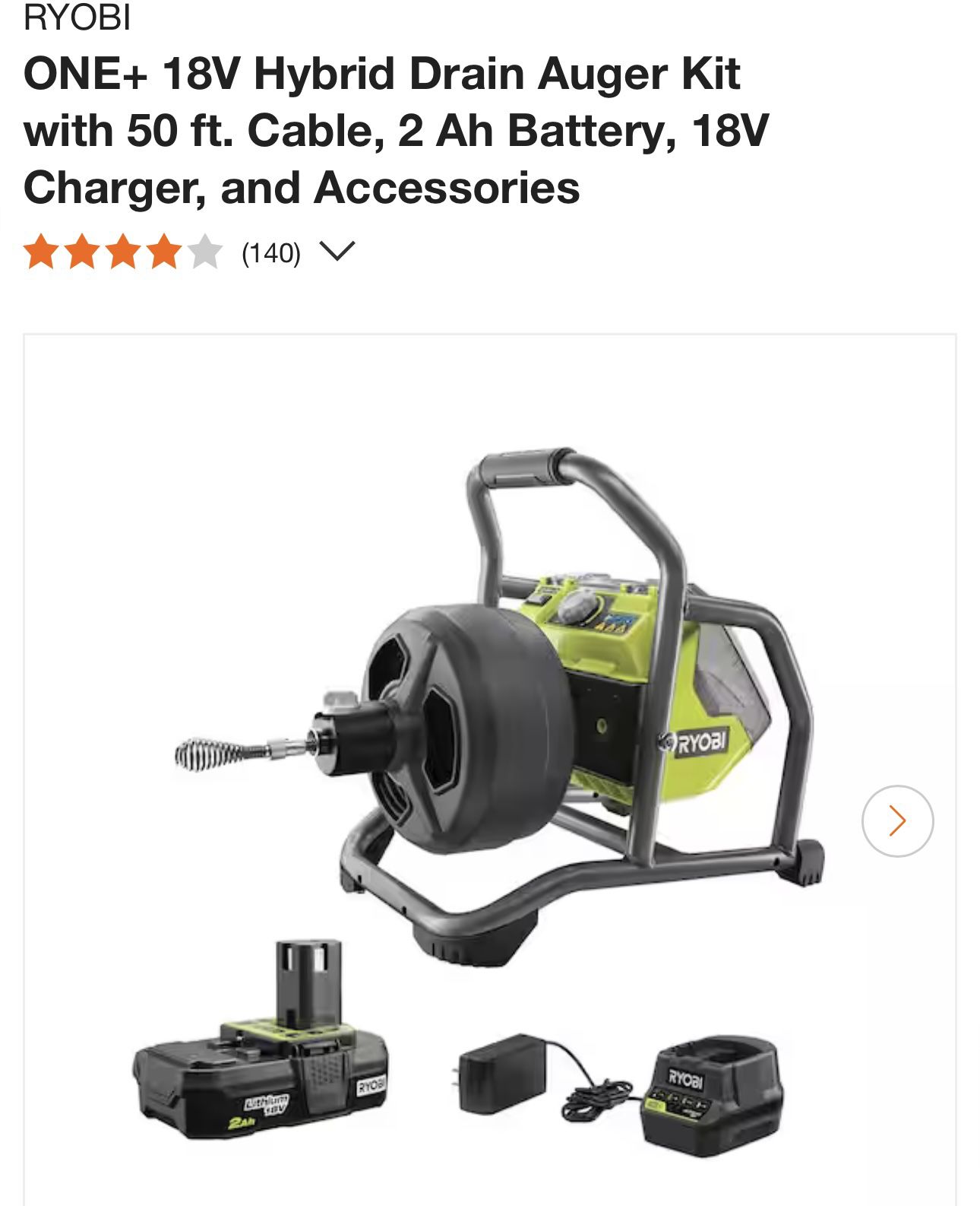 RYOBI ONE+ 18V Hybrid Drain Auger Kit with 50 ft. Cable, 2 Ah Battery, 18V Charger, and Accessories