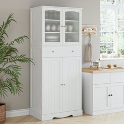 70.8'' Kitchen Pantry with 4 Doors, Freestanding Storage Cabinet with Large Drawer for Dining Room, White