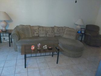 3 piece Gray fabric Sofa set with 2end table 2lamps Coffee table and a Recliner.