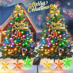 Outdoor Christmas Decorations: 2 Pack 30In Artificial Solar Christmas Tree Lights with 33 LED, 3 Star Stake Lights, 8 Modes Solar Christmas Lights Out