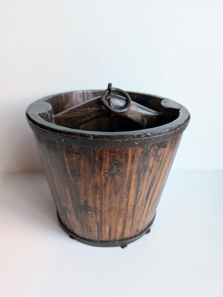 Antique Heavy Chinese Wooden Rice or Water Bucket Primitive Folk Art