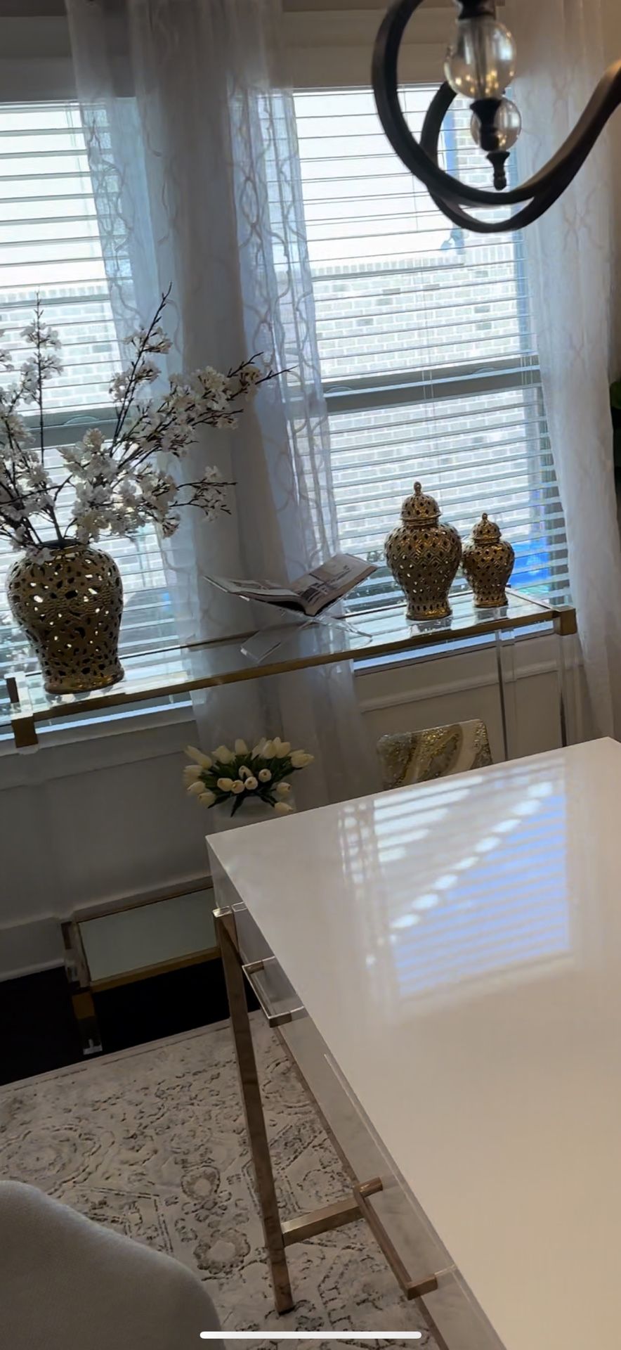Acrylic mirrored bottom gold console