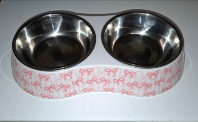 Pink Bow Double Pet Diner Bowl - Stainless Steel inserts