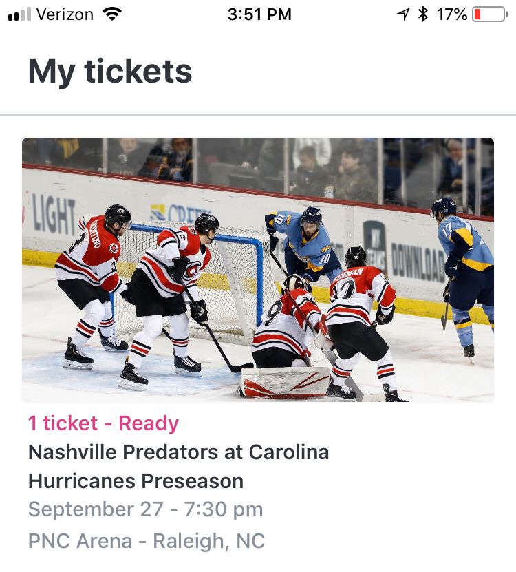 1 ticket - Nashville Predators at Carolina Hurricanes preseason upper corner 330 row H seat 1