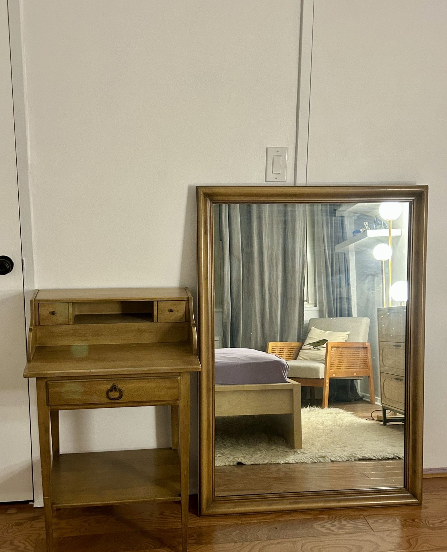 Solid Wood Night Stand/vanity + Large Mirror