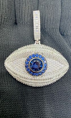 Evil Eye Diamond Pendant with Blue Sapphire Center silver Moissanite