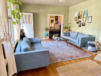 ARTICLE SVEN BLUE TWEED SOFA & LOVESEAT   Sofa 88” wide 31” deep 26” tall. Love seat 6 ft wide 30” deep 26” tall.