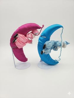 Vintage 80s/90s Porcelain Clown Doll Set – Pink & Blue Satin Crescent Moons